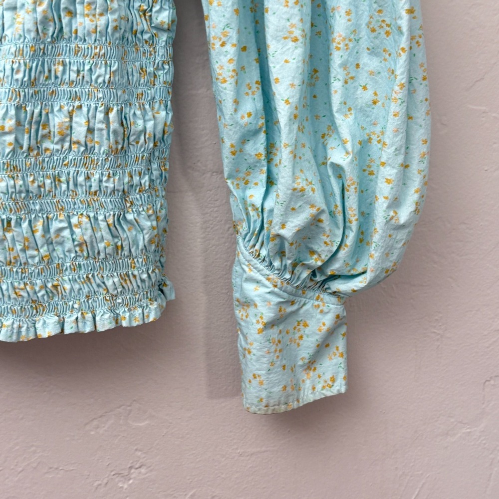 Ganni Smocked Floral Top Shirt Size 38 (US 6) Light Blue Long Sleeve Cotton Flaw - Picture 11 of 14